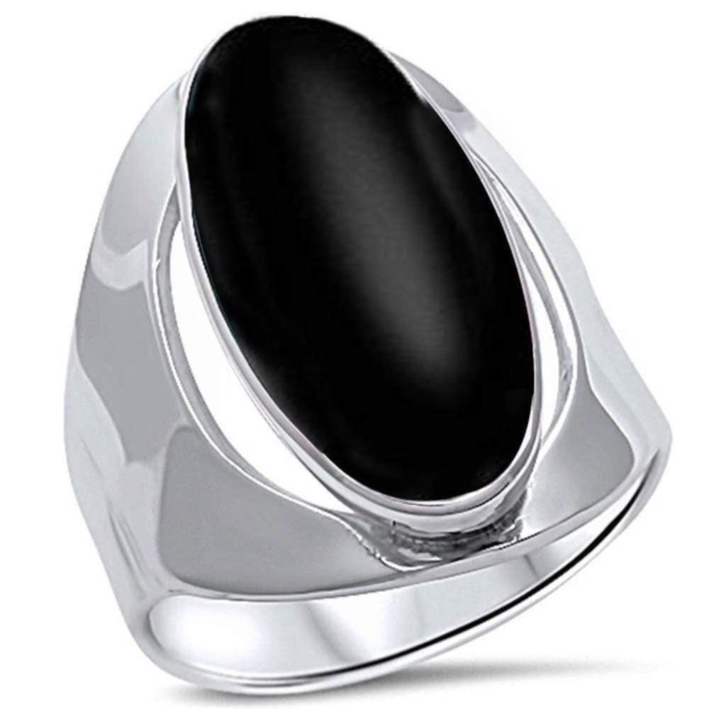 Womens Black Onyx Sterling Silver‎ .925 Oval Cocktail Ring